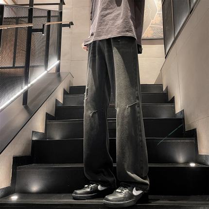牛仔裤男2024新款秋季潮牌高端直筒阔腿裤美式复古做旧高街裤子夏