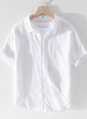 亚麻短袖衬衫男薄款宽松夏季外套韩版潮流半袖上衣棉麻料白色衬衣
