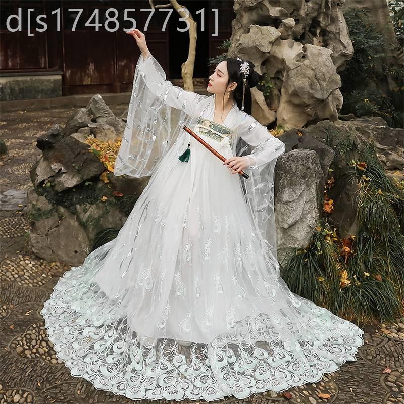 中秋汉服超仙气节日外出服装古风广袖流仙裙白色约会拍照片逛花灯
