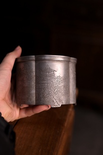 日本回流老茶船建水 全手工纯锡制刻绘山水诗句壶承水盂 工夫茶器