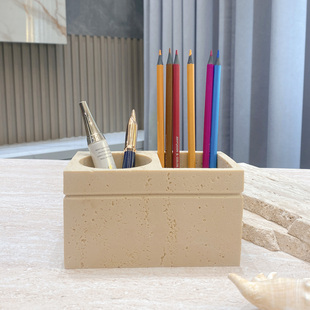 洞石纹化妆刷桶插梳子桶笔筒口红眉笔桌面收纳盒双格收纳桶侘寂风