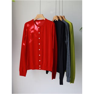 美丽诺羊毛圆领长袖针织开衫女宽松显瘦毛衣百搭上衣