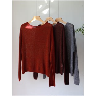 薄款夹花丝羊绒呼吸感一字领大圆领长袖套头针织衫毛衣