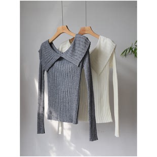 一字领大V领针织长袖羊毛女翻领毛衣宽松显瘦百搭上衣