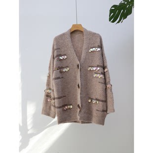 羊驼美拉德色系小众高级重工亮片珠片V领开衫毛衣外套