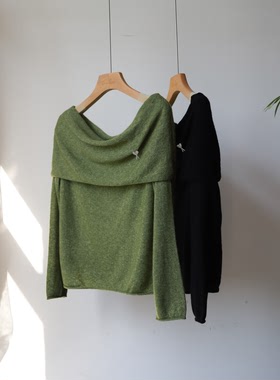 亲肤感棒棒~显瘦一字肩针大圆领织衫女2025新款丝羊绒显瘦上衣