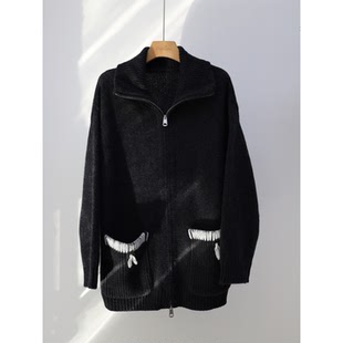 羊毛高级手缝线大口袋精致酷酷百搭毛衣中长款厚款开衫