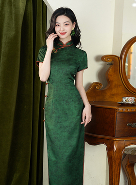 绿色高考送考长款旗袍2025夏季新款复古风修身显瘦高级感日常可穿