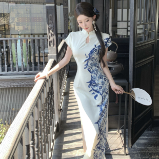 新中式 氣質高端日常可穿 高級感名媛清冷感改良青花瓷旗袍2025新款
