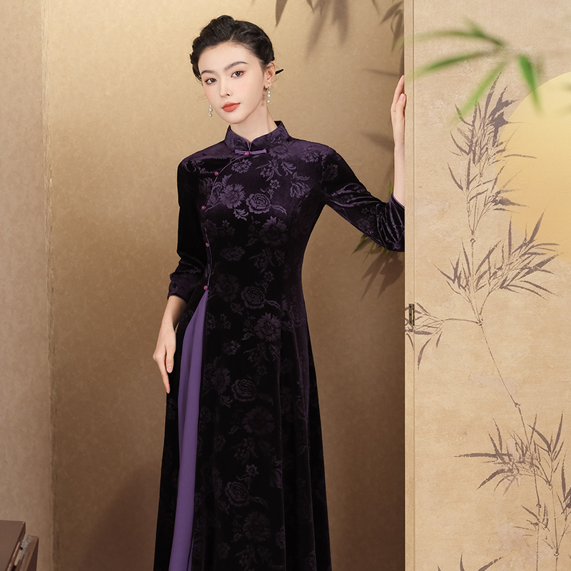 紫色改良中国风复古奥黛旗袍优雅