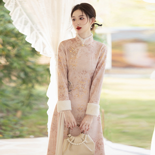 新中式 新款 茶服仙气加厚高端 奥黛旗袍2025年冬季 粉色复古风年轻款