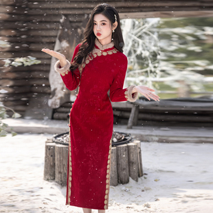 新中式红色改良旗袍敬酒服2025冬季新款女长袖加绒新年战袍拜年服