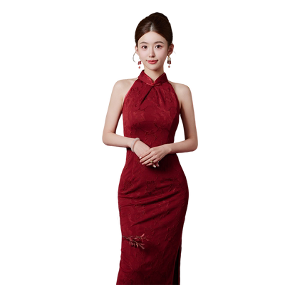 红色无袖挂脖晨袍新娘订结婚礼服