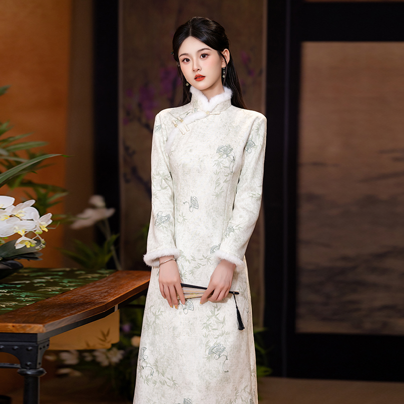 素雅淑女范冬款长袖加绒加厚旗袍