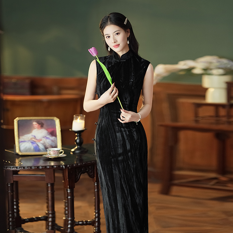 法式小香风新中式无袖黑色连衣裙