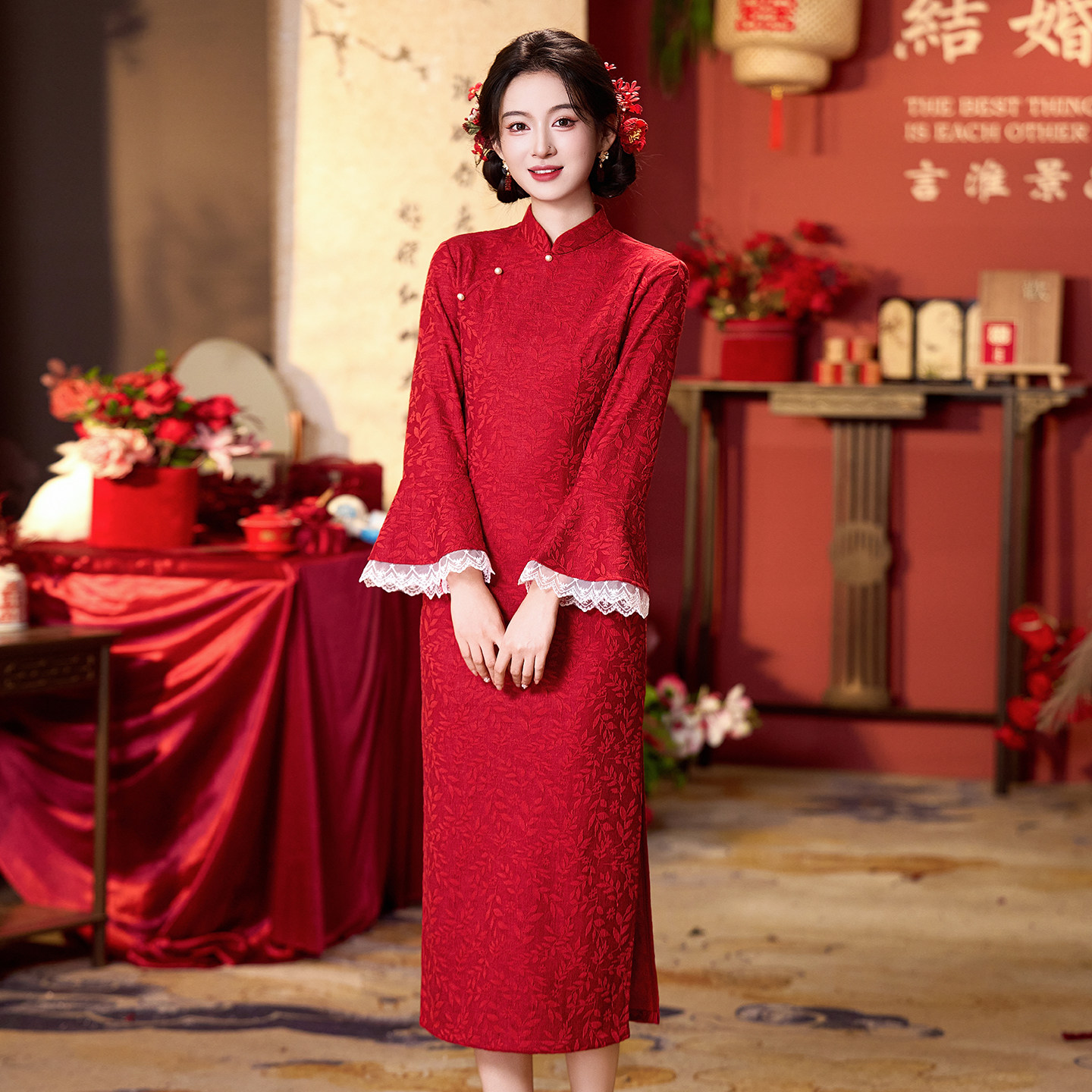 新中式红色蕾丝旗袍敬酒服2026年新款女年轻款新娘结婚订婚连衣裙