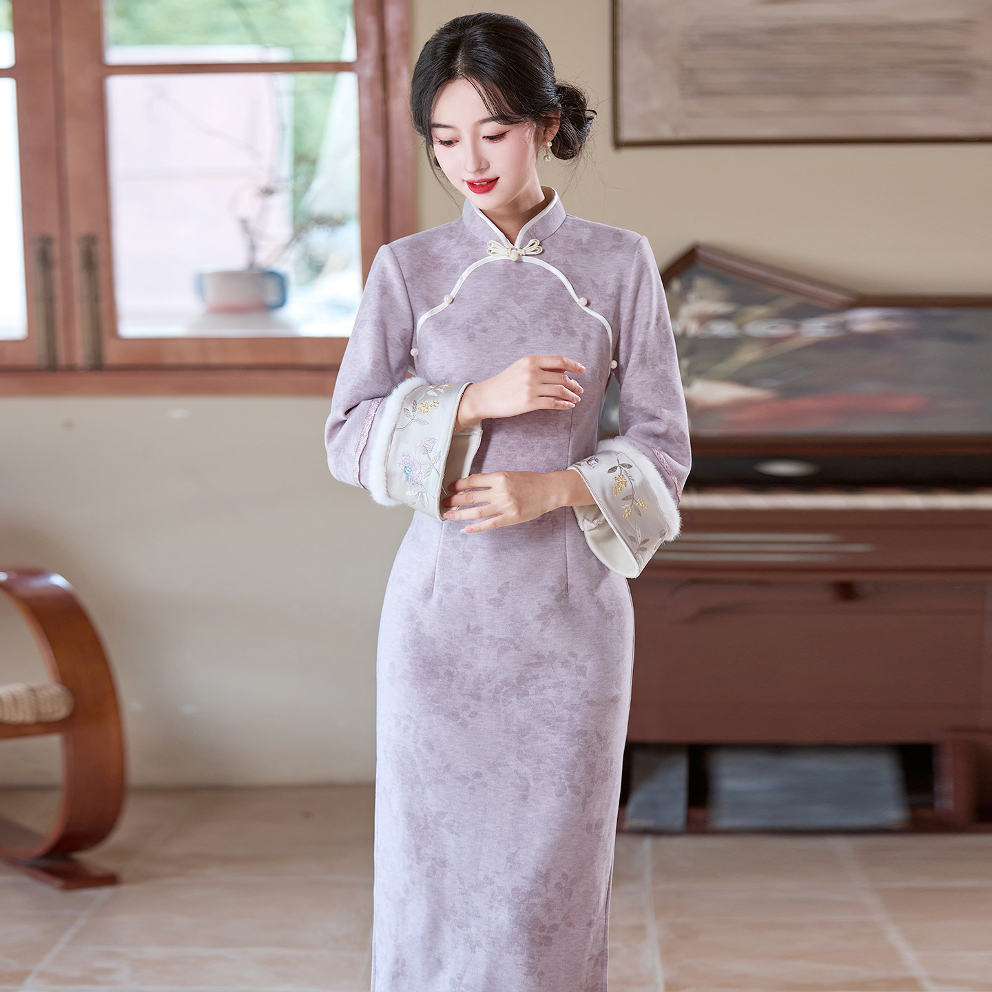 紫色复古风中式长袖加绒加厚旗袍
