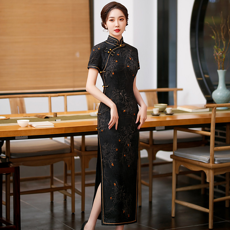 新中式老上海长款显瘦短袖盘扣