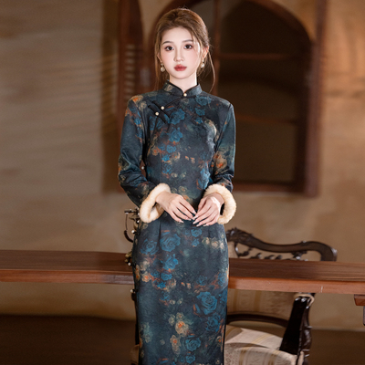 冬款长袖气质高端加绒新中式旗袍