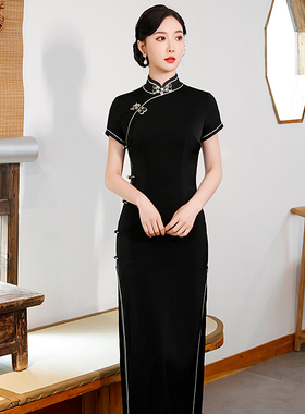 黑色老上海长旗袍2026年新款中国风复古日常可穿短袖高端显瘦优雅