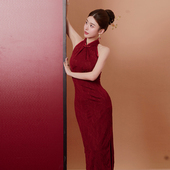 夏新中式 红色挂脖晨袍订婚旗袍敬酒服新娘无袖 2025新款 订婚结婚女