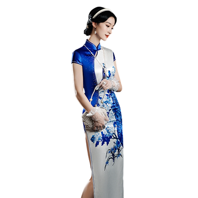 加长版演出走秀青花瓷连衣裙优雅