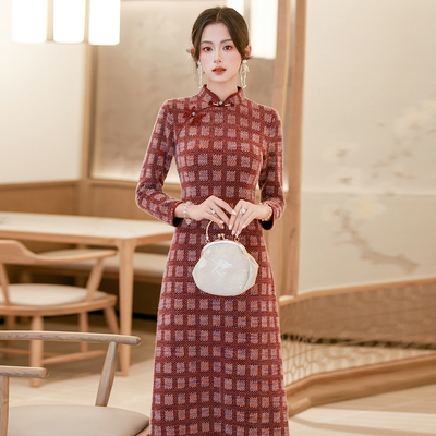 红色格子复古国风长袖加厚旗袍裙