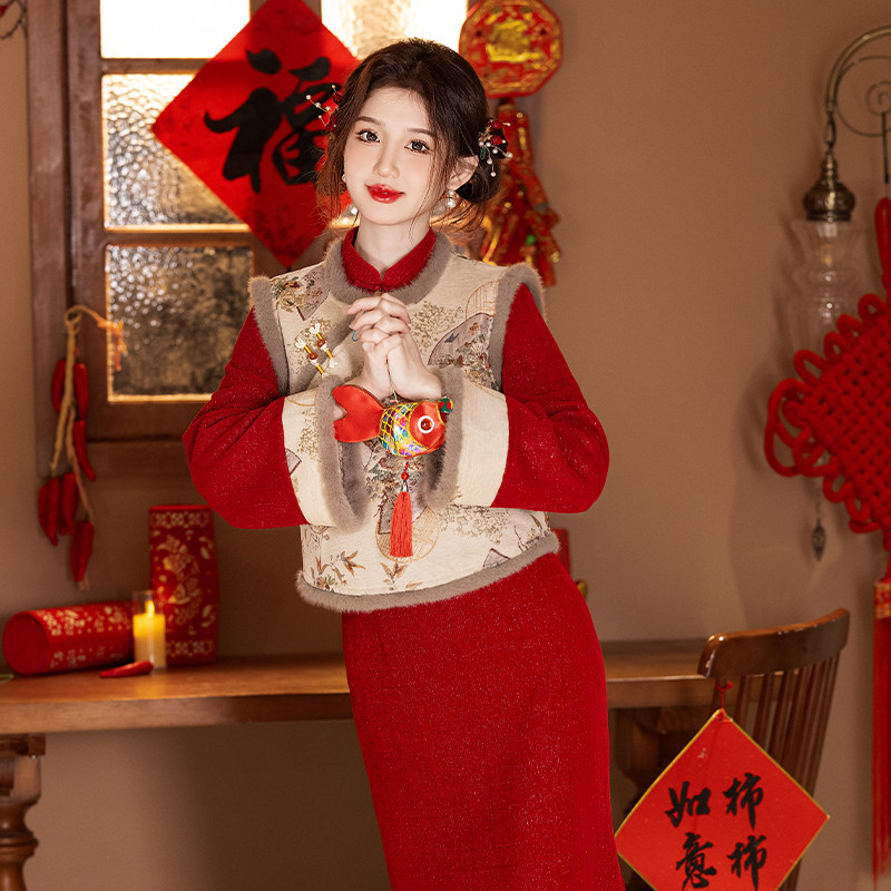 红色旗袍2025年冬季新款马甲套装新年长袖加绒高端过年战袍拜年服,女装/女士精品,旗袍,淘宝优惠券,粉丝福利购,淘宝优惠卷