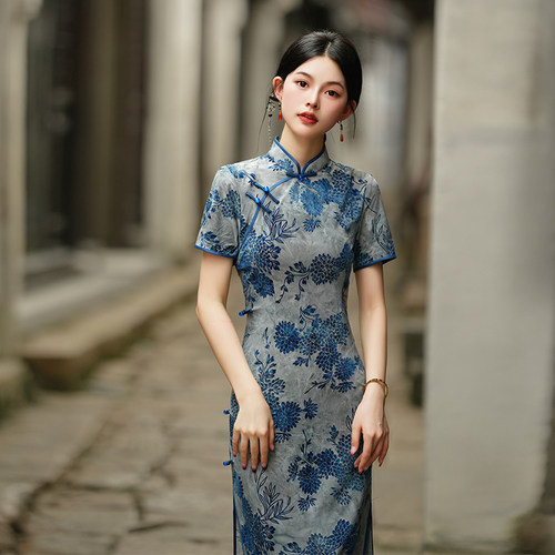 复古国风老上海弹力扎染弹性旗袍