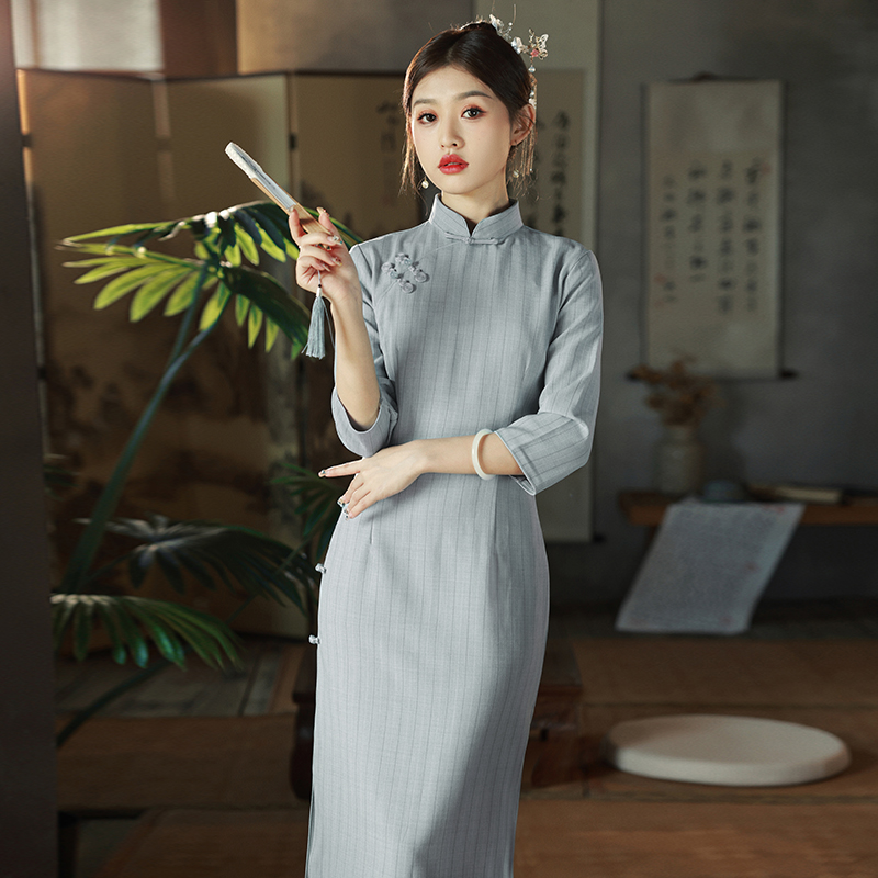 复古民国风文艺淑女格子旗袍优雅