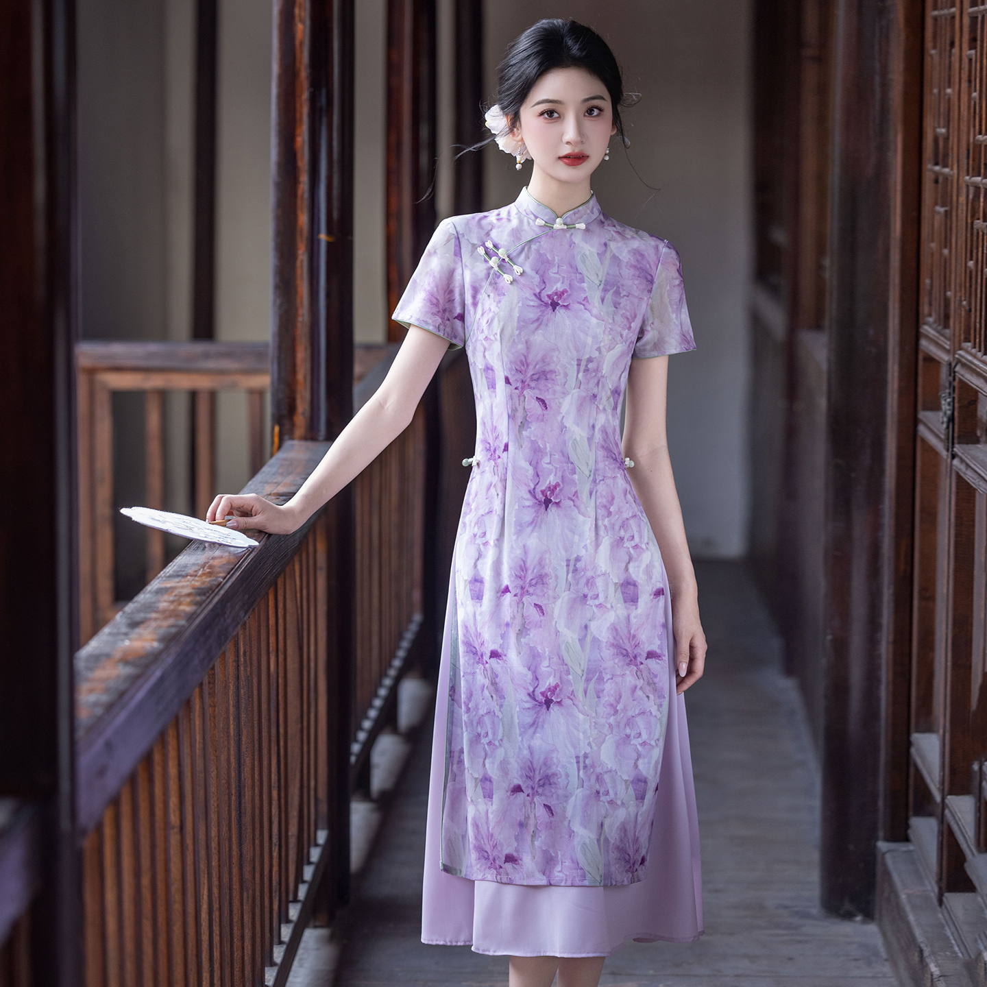 紫色绝美奥黛旗袍气质高端日常穿