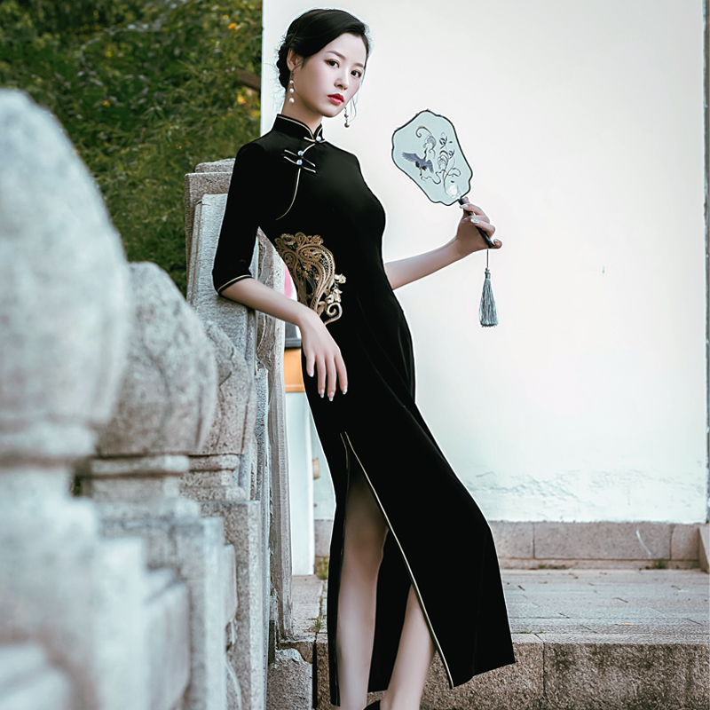 长款走秀旗袍演出服黑色宴会气质