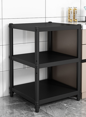 黑色厨房置物架落地三层微波炉烤箱多功能储物货架锅具收纳架家用