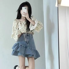 甜美风小个子半身裙女夏季薄款xs显瘦穿搭小众荷叶边包臀牛仔短裙