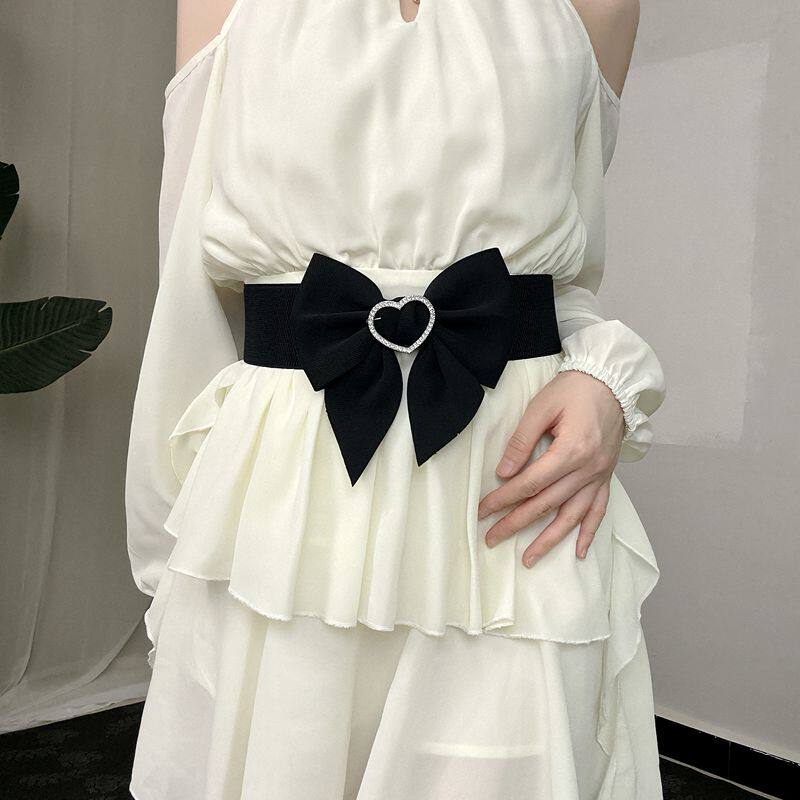 蝴蝶结弹力腰带女配裙子时尚大码加长松紧镶钻腰封连衣裙收腰配饰