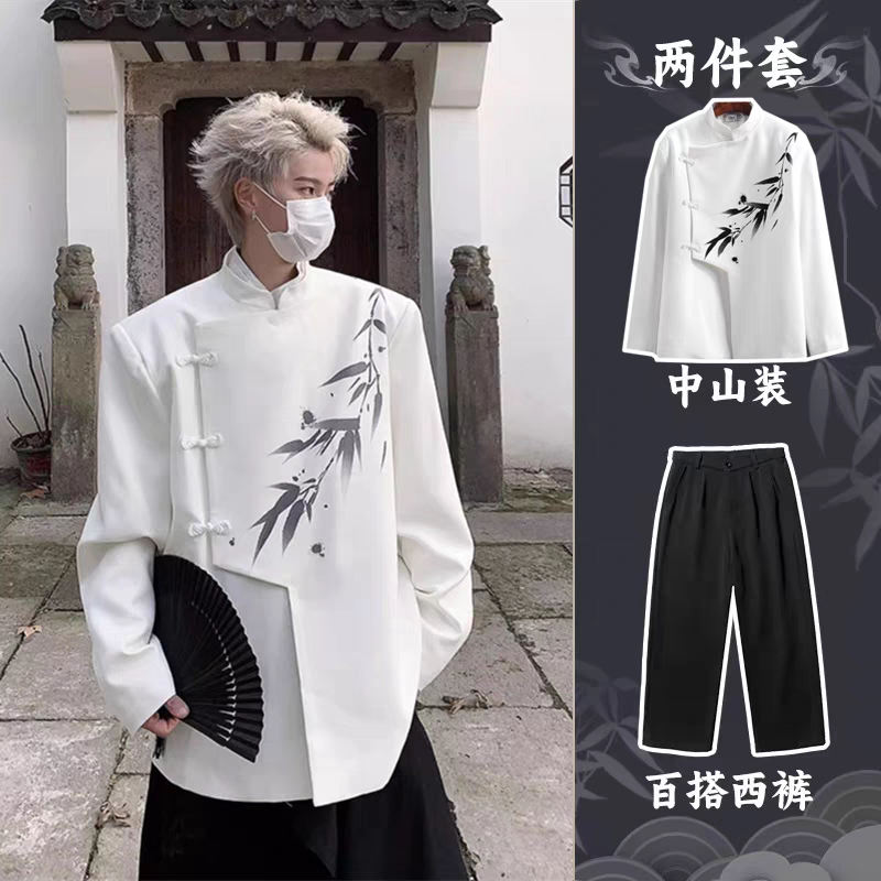 新中式白色垫肩西装套装男小众设计感高级西服中国风男装西服外套