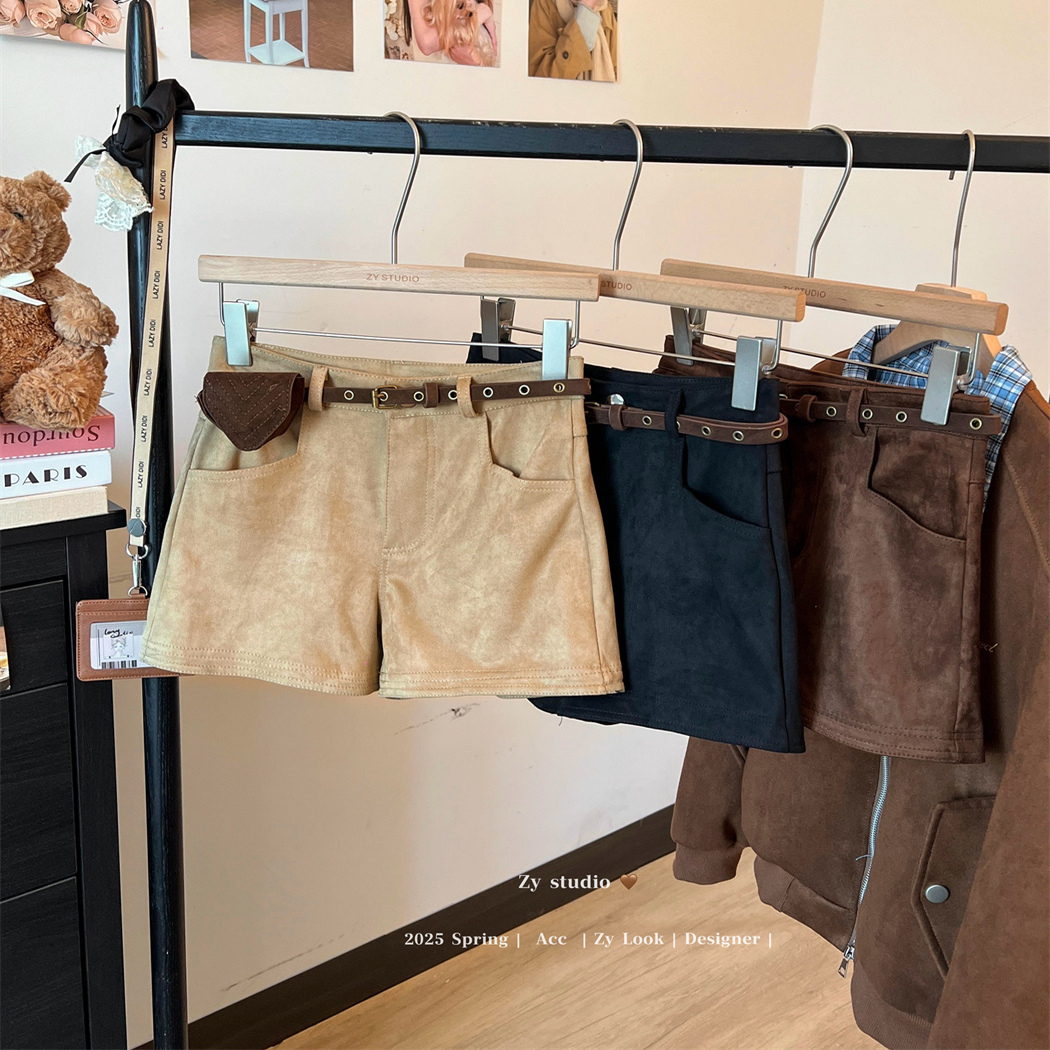 辣妹风复古麂皮绒高腰休闲短裤女秋冬新款修身显瘦百搭直筒热裤子