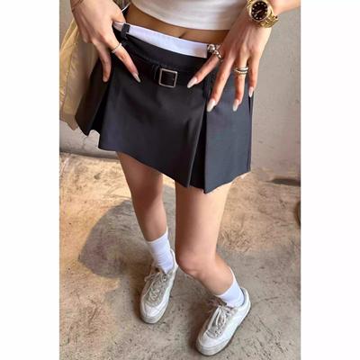 辣妹学院风高腰复古百褶半身裙纯色显瘦西装短裙防走光裤裙送腰带