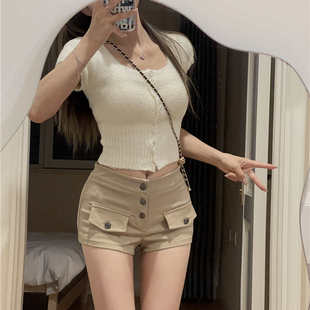 短裤 显瘦辣妹紧身百搭包臀热裤 女夏季 修身 2025新款 卡其色复古工装