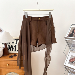 设计感百搭显瘦休闲热裤 美拉德风咖色高腰拼接飘带短裤 女秋冬新款