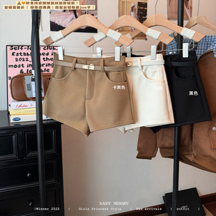 卡其色休闲短裤女秋冬加绒加厚高腰直筒裤子百搭靴裤包臀a字热裤