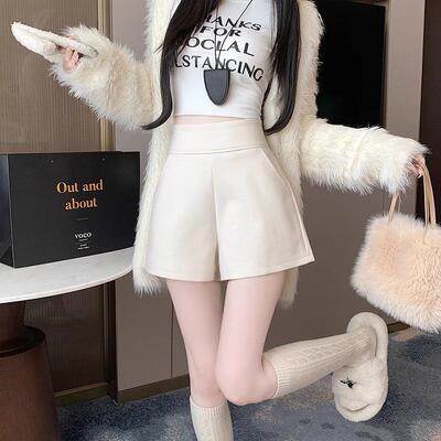 白色高腰毛呢短裤女秋冬