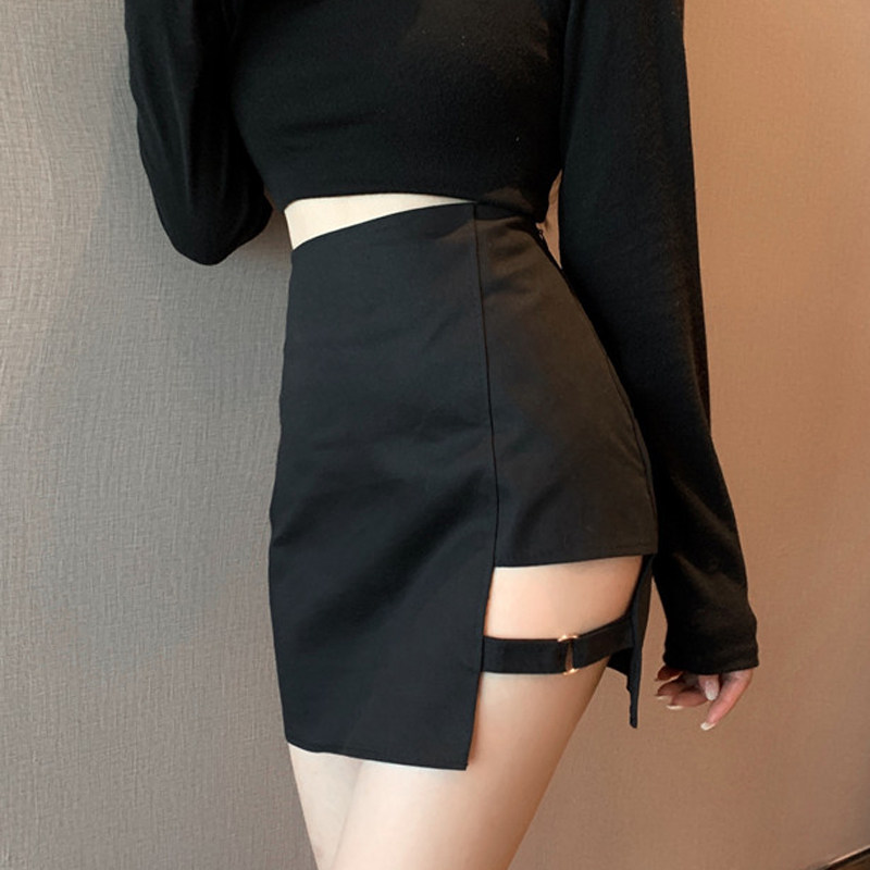 高腰侧开叉不规则性感黑色半身裙