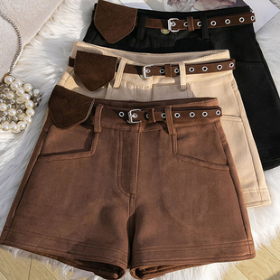 气质百搭辣妹高腰显瘦A字热裤 美拉德风咖色麂皮绒短裤 女秋冬新款