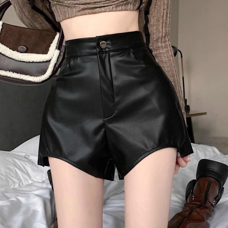 黑色复古pu皮休闲短裤女