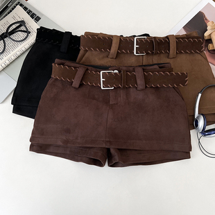高级感咖色热裤 高腰显瘦配腰带休闲裤 女秋冬新款 老钱风麂皮绒短裤