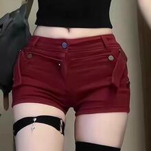美式y2k红色牛仔短裤女夏季2025新款低腰辣妹修身显瘦包臀热裤子