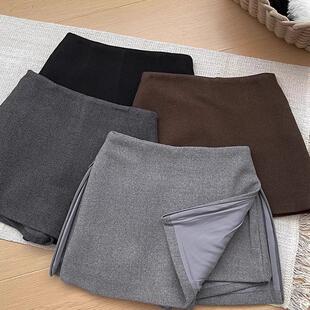 毛呢半身裙女秋冬2025新款 小个子显瘦短裙 辣妹高腰侧开叉包臀裙裤