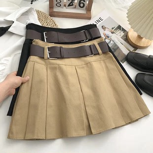 配腰带高腰压褶防走光A字裙女2025年夏季 复古百搭卡其色短裙 韩版