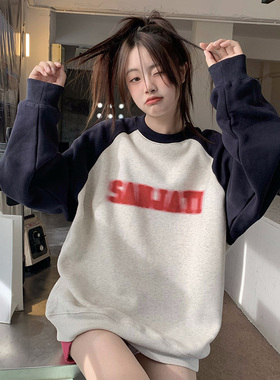 Sanjati crane秋冬美式幻影logo插肩圆领宽松卫衣潮牌男女情侣